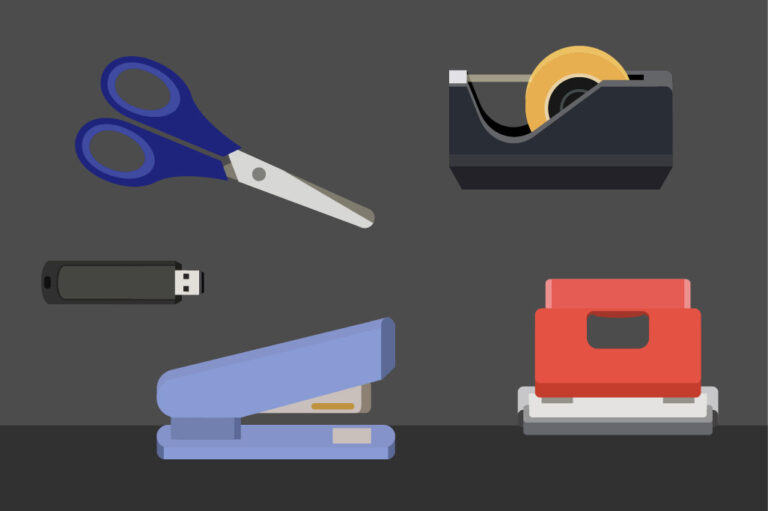 Accessoires de bureau : ciseaux, agrafeuse, scotch, clé USB ...
